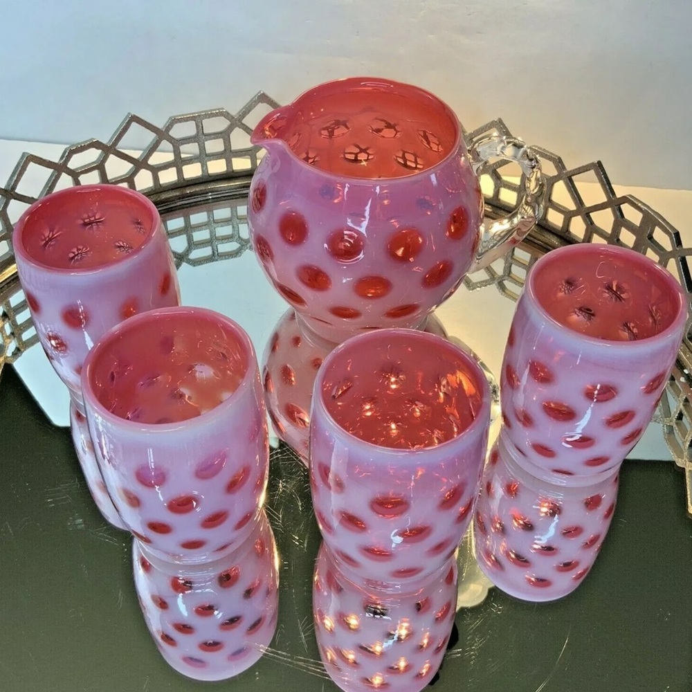SOLD Fenton Cranberry Coin Dot Pitcher Tumblers - Picture 3 of 12